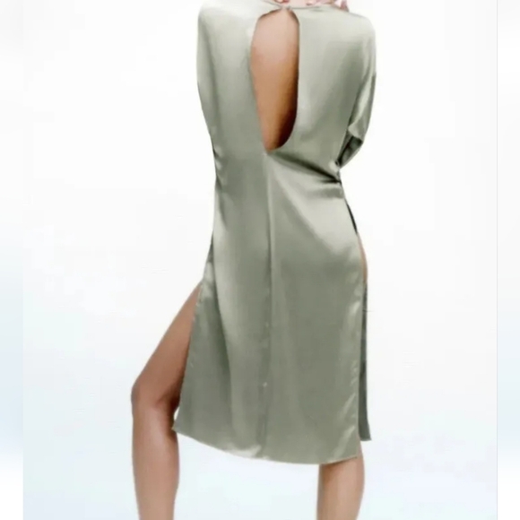 ZARA Olive Green Satin 3/4 Sleeve High Side Slits Midi Dress Top XS - Picture 3 of 13
